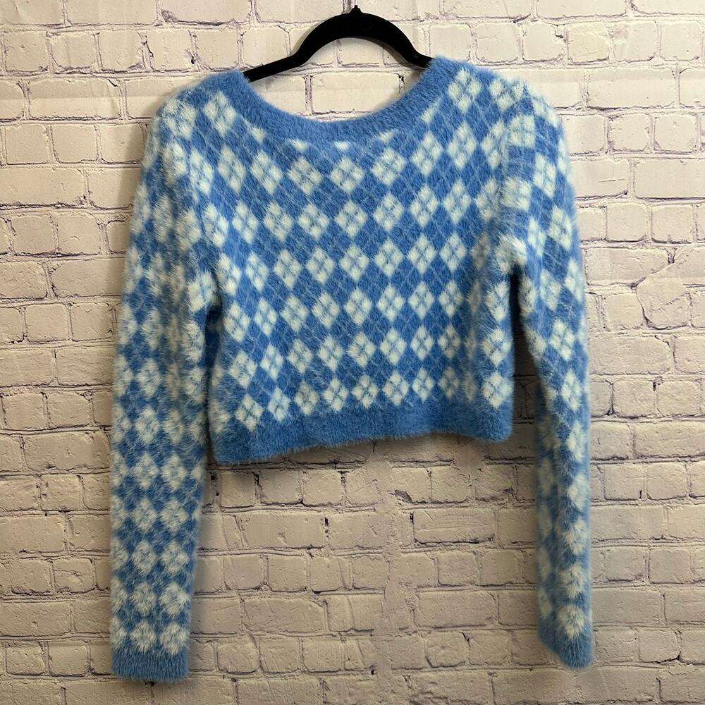 Sunday Best Fuzzy Preppy Argyle V Neck Cropped Cardigan Medium Blue Aritzia - Picture 3 of 6
